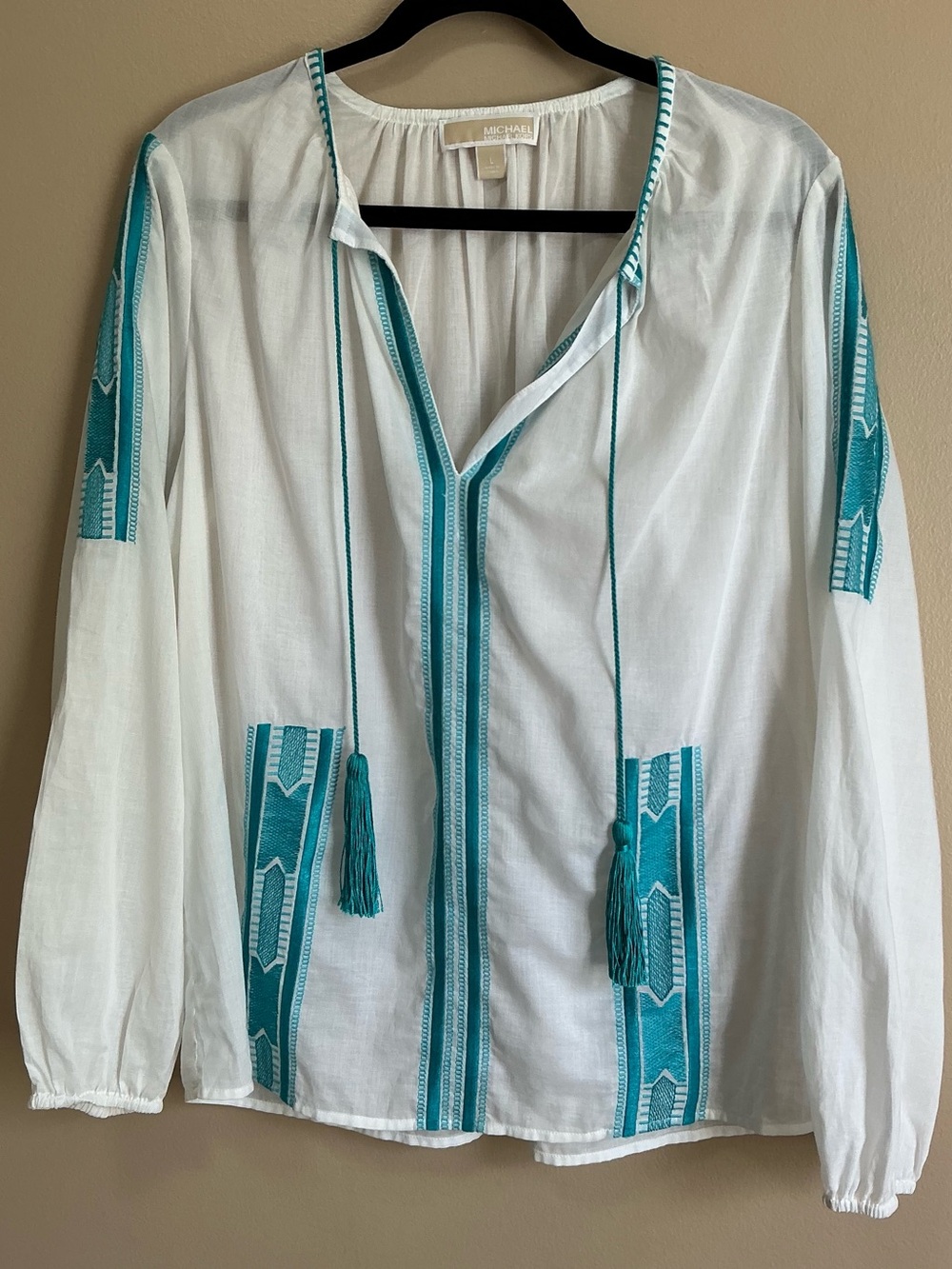 MICHAEL Michael Kors White & Teal Embroidered Tassel Boho Blouse